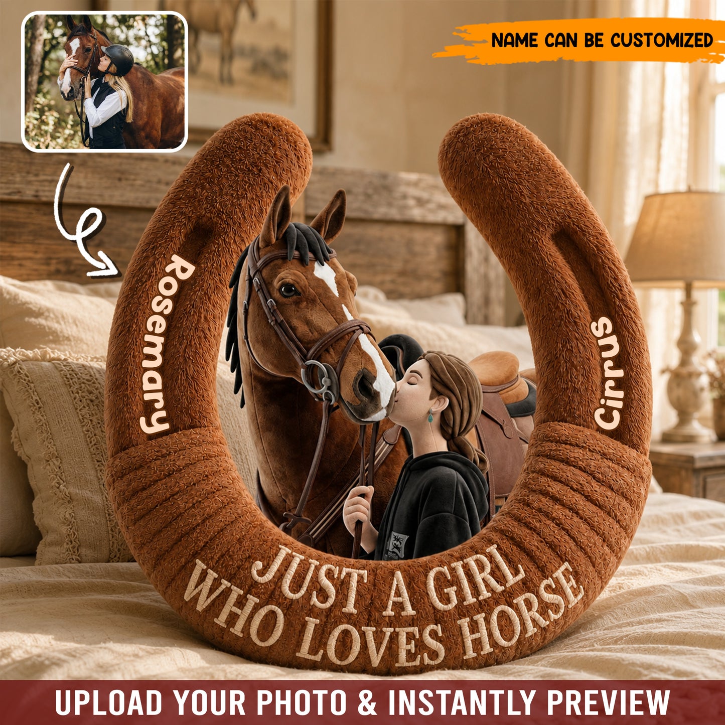 Personalized Horseshoe Pillow – Custom Photo & Name Gift for Horse Lovers & Equestrians