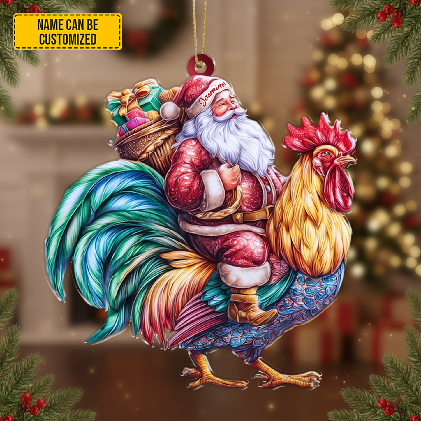 Personalized Santa Riding Rooster Christmas Ornament