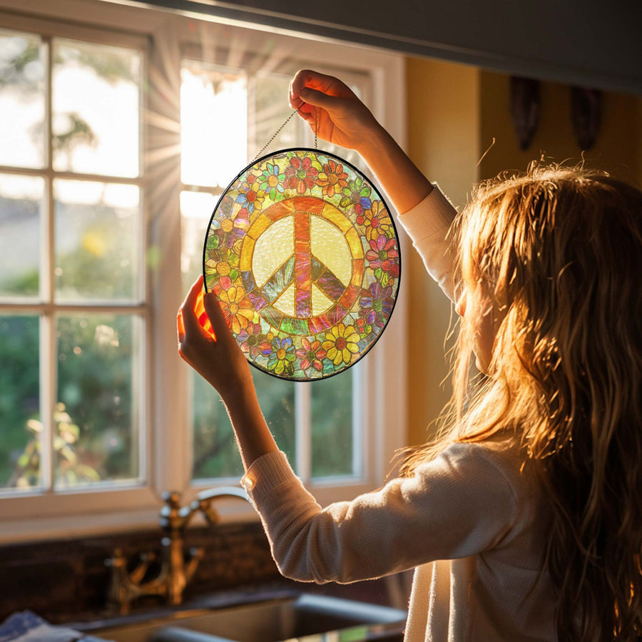 Hippie Peace Rainbow Stained Glass Suncatcher