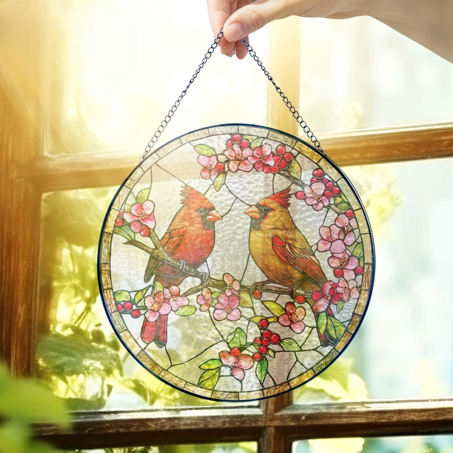 Red Cardinal Couple Stained Glass Suncatcher