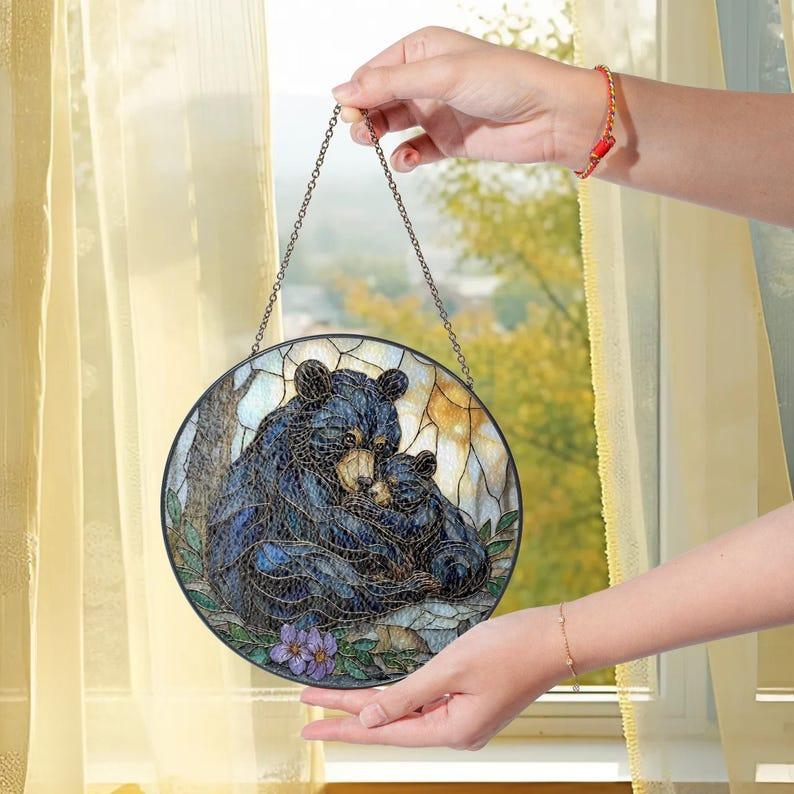 Mom Bear and Cub Stained Glass Suncatcher