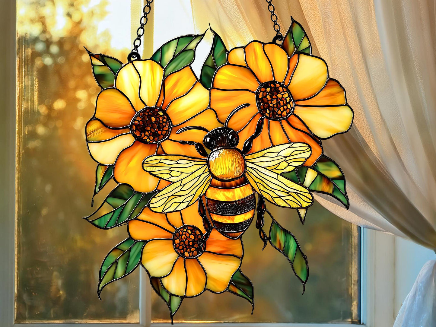 Honey Bee With Flowers Acrylic Window Hanging