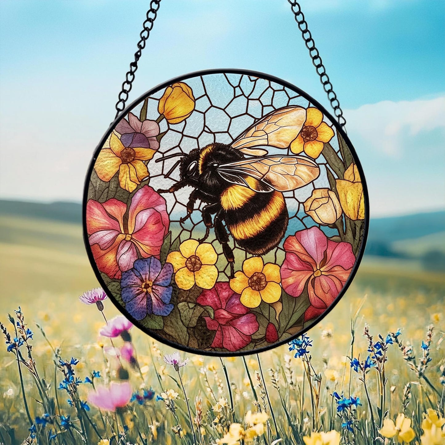 Bee and Flower Stain Glass - Window Hanging Suncatcher
