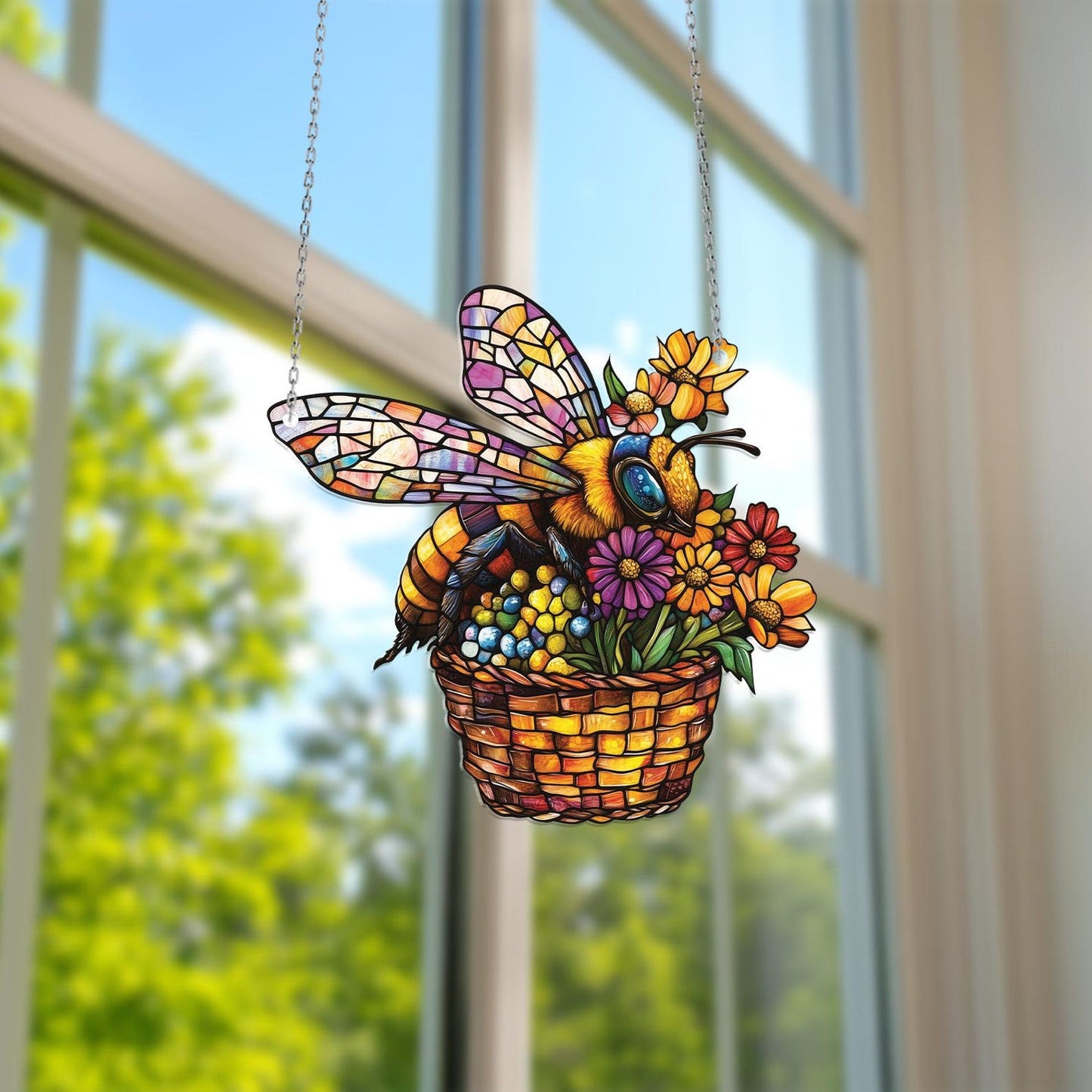 Bee and Flower Basket Acrylic Window Hanging