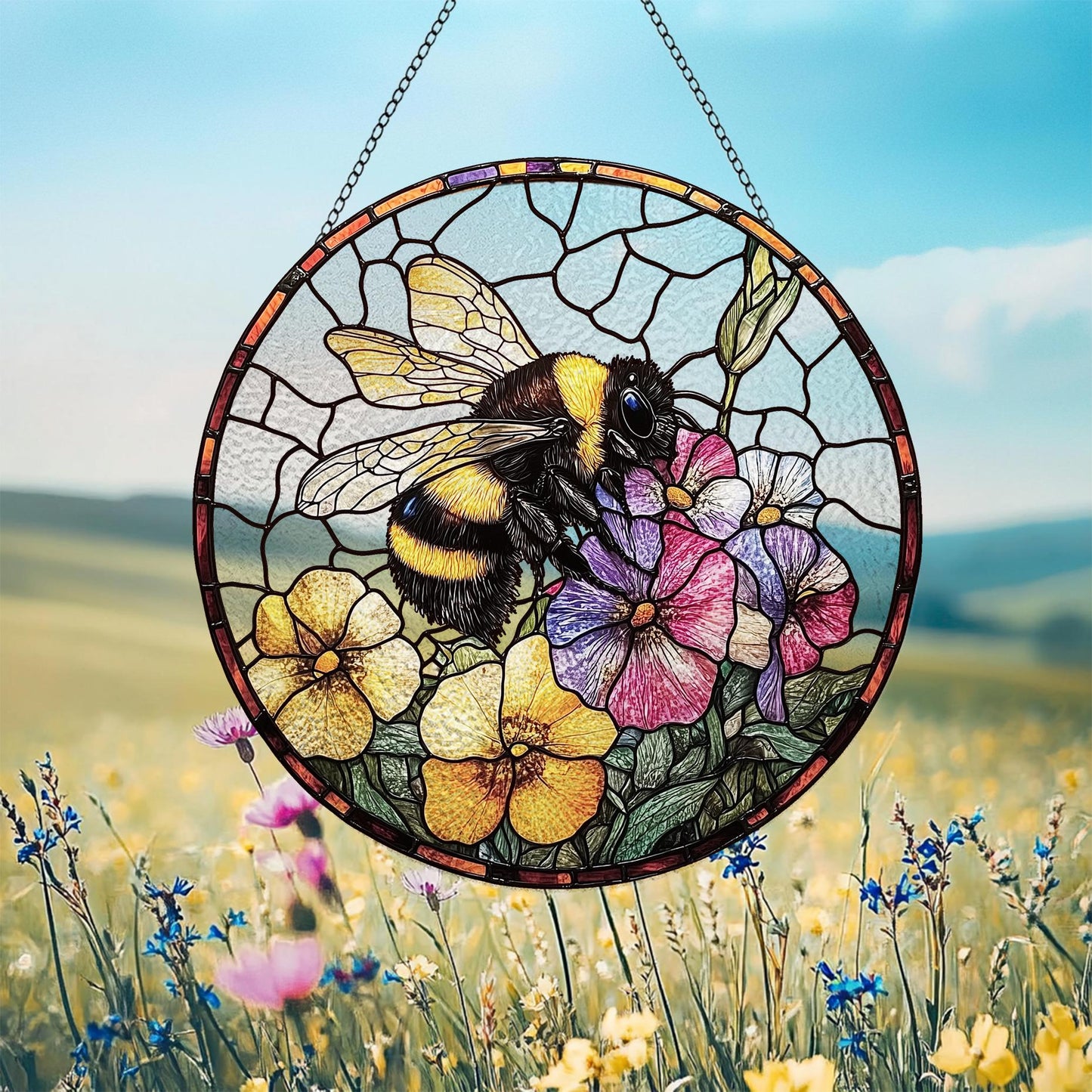 Bee and Flower Stain Glass - Window Hanging Suncatcher