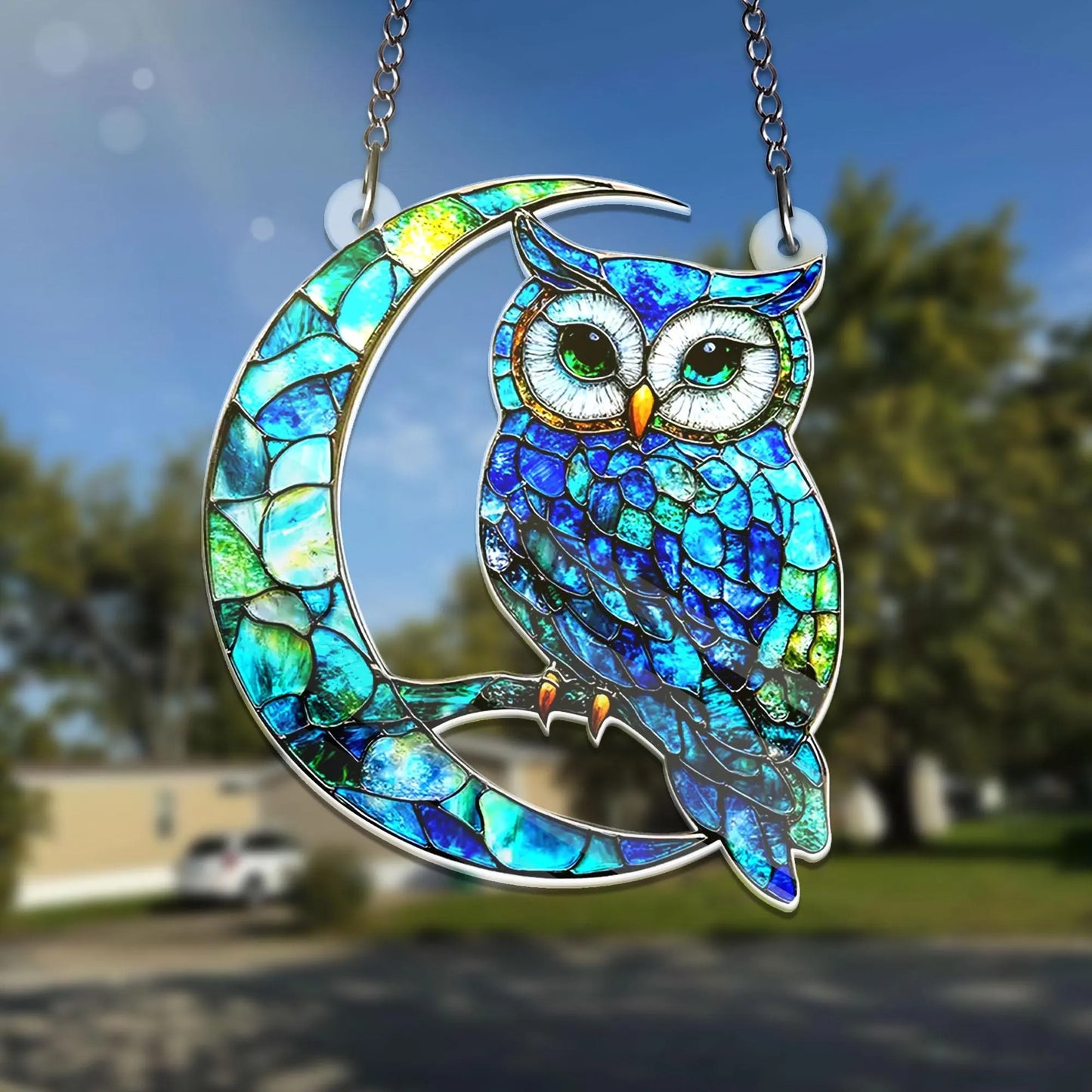 Owl on Moon Hanging Acrylic Decor - Owl Window Hanging Suncatcher Ornament