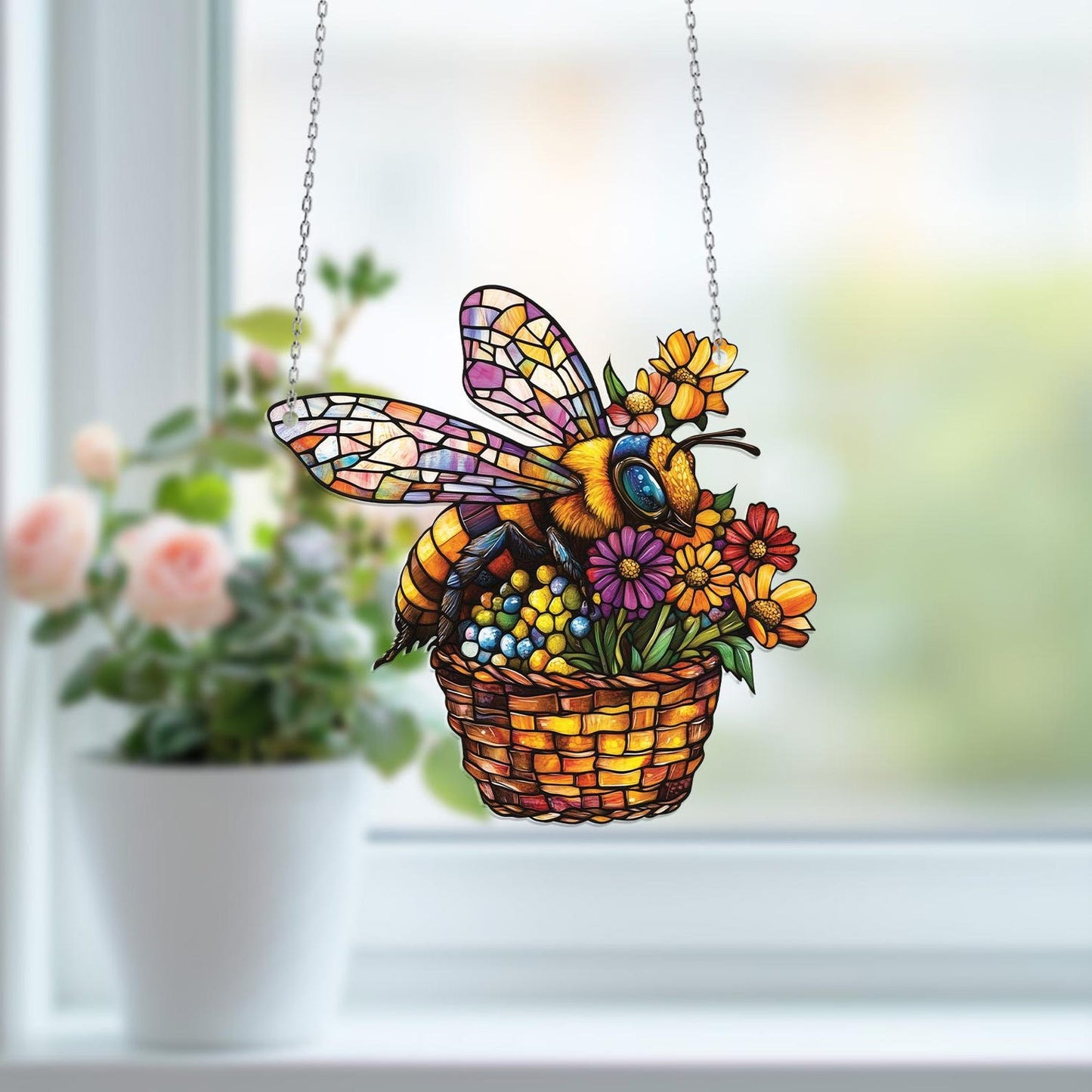 Bee and Flower Basket Acrylic Window Hanging