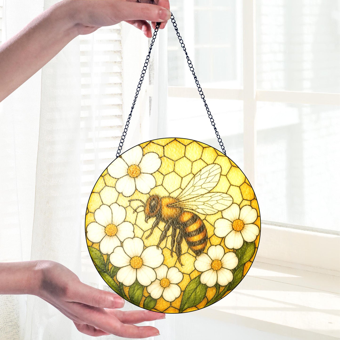 Bee and Flower Stained Glass - Window Hanging Suncatcher