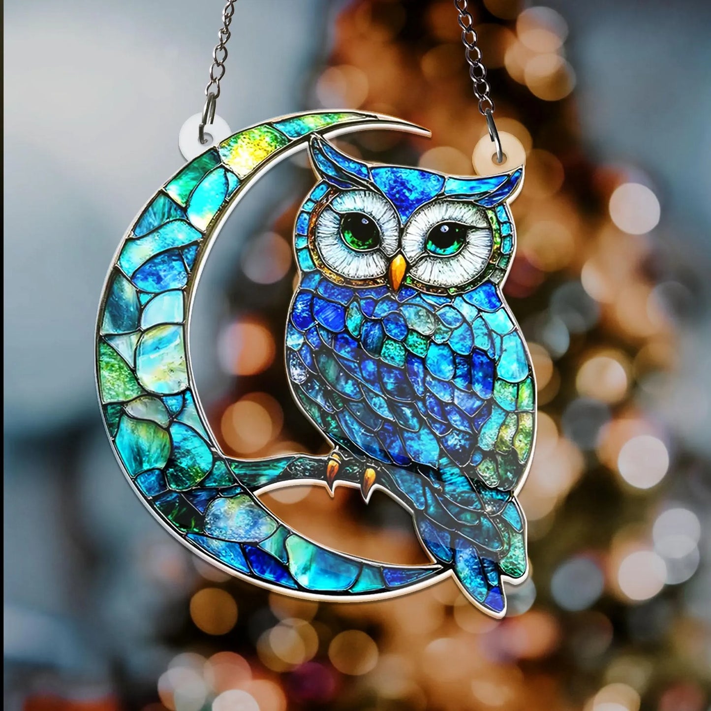 Owl on Moon Hanging Acrylic Decor - Owl Window Hanging Suncatcher Ornament