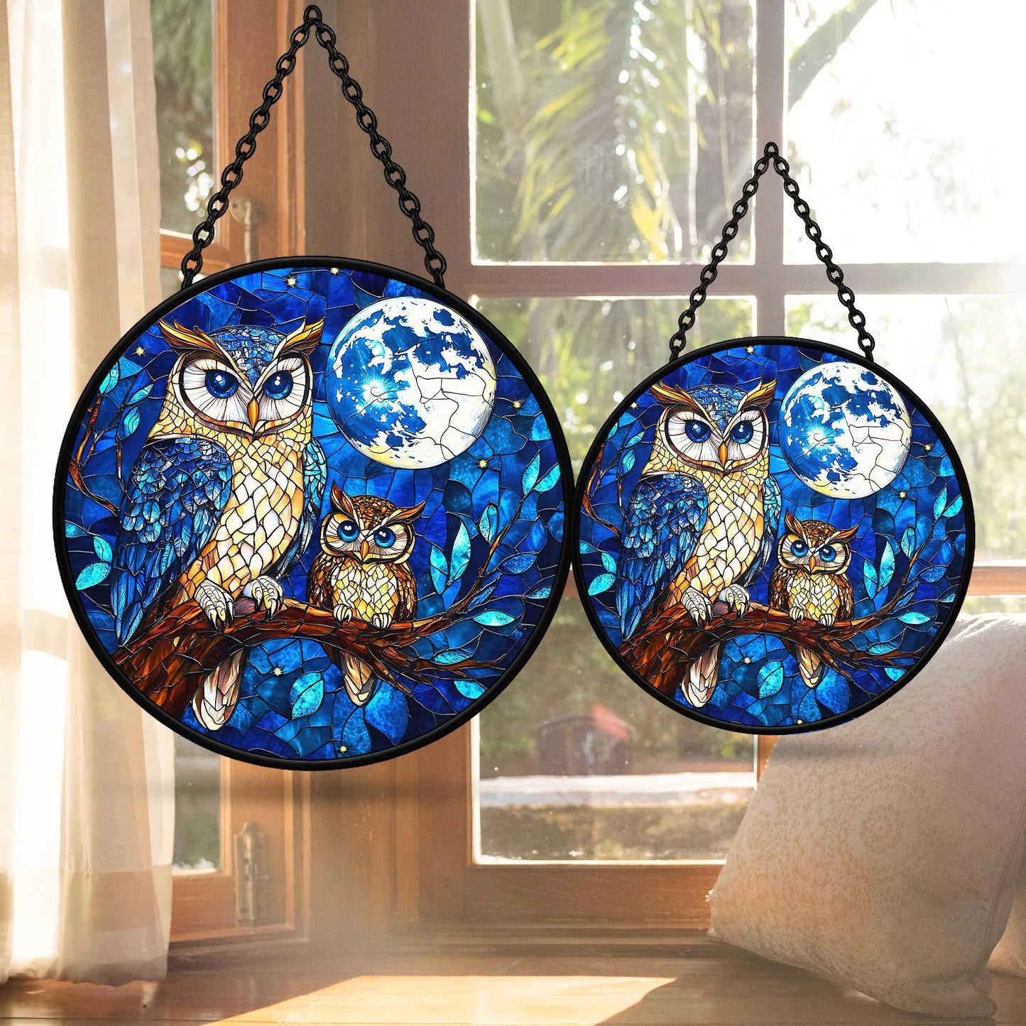 Owl Moon Stained Glass Suncatcher - Owl Window Hanging Suncatcher Ornament
