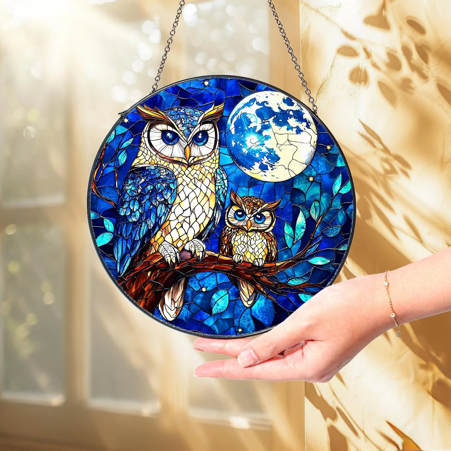 Owl Moon Stained Glass Suncatcher - Owl Window Hanging Suncatcher Ornament