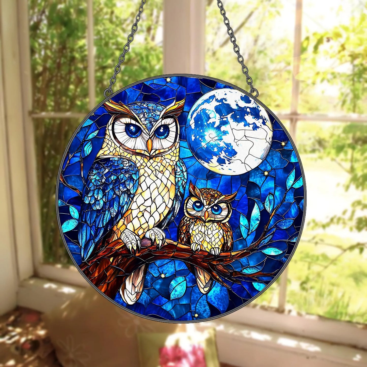 Owl Moon Stained Glass Suncatcher - Owl Window Hanging Suncatcher Ornament