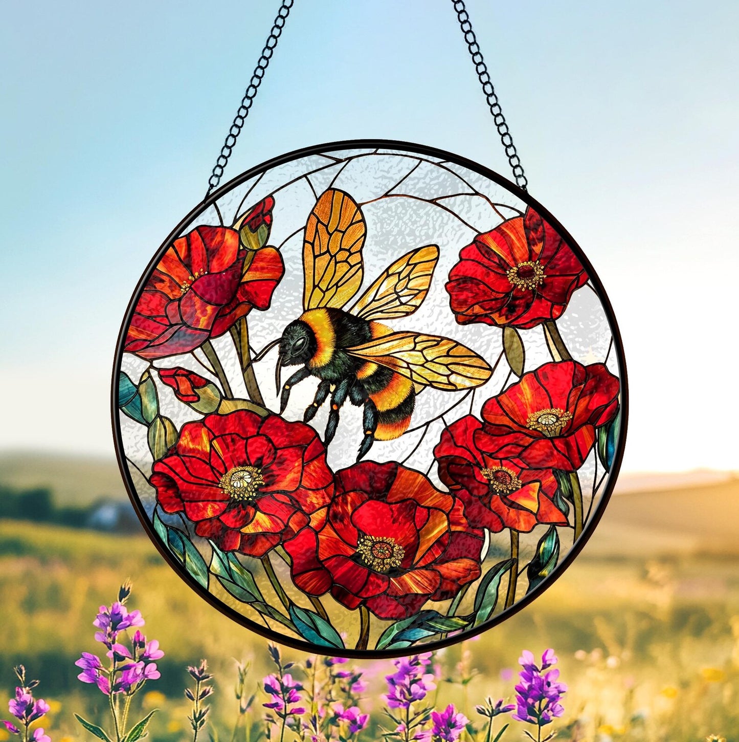 Bee And Flower Stained Glass - Window Hanging Suncatcher