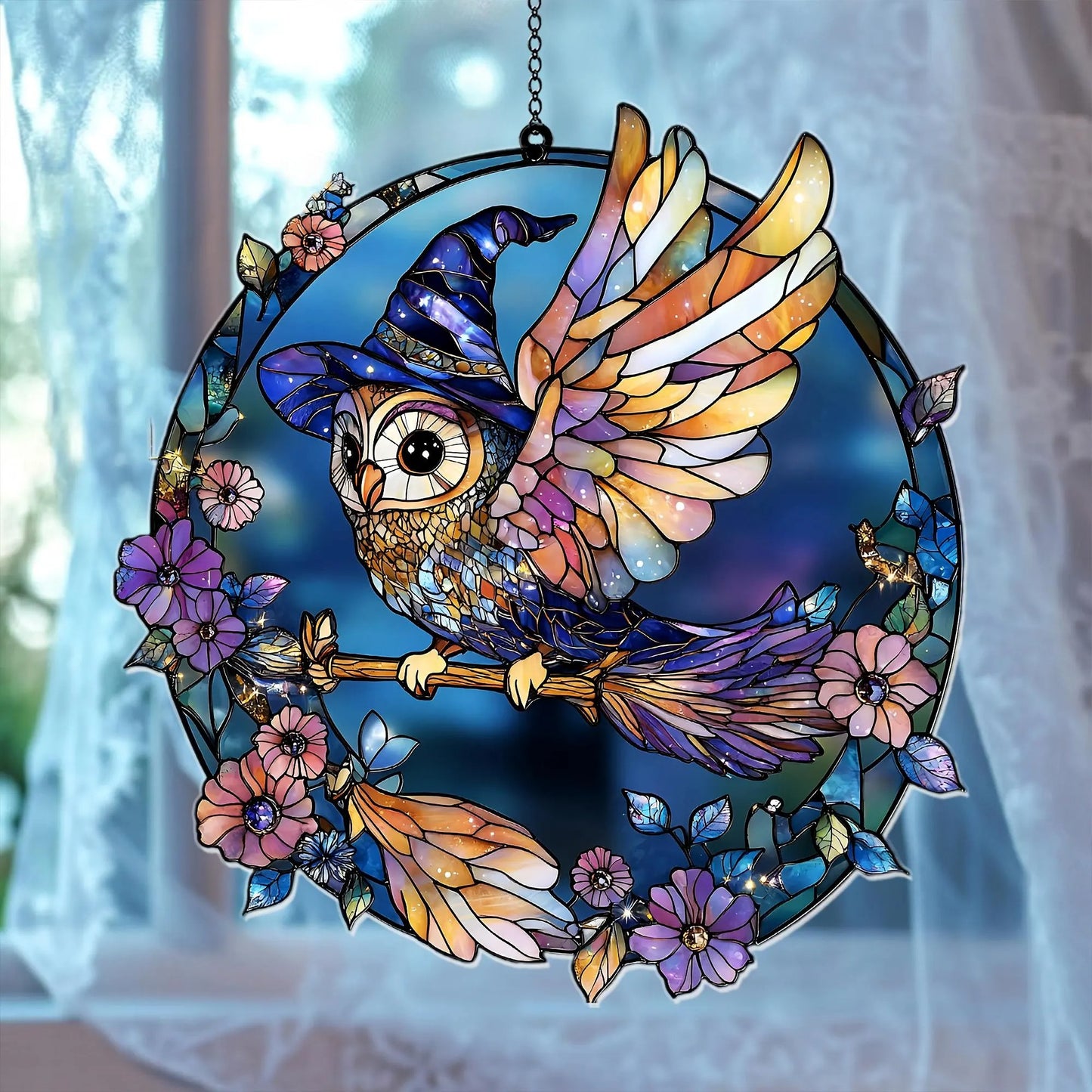 Wizard Owl Suncatcher - Owl Window Hanging Suncatcher Ornament