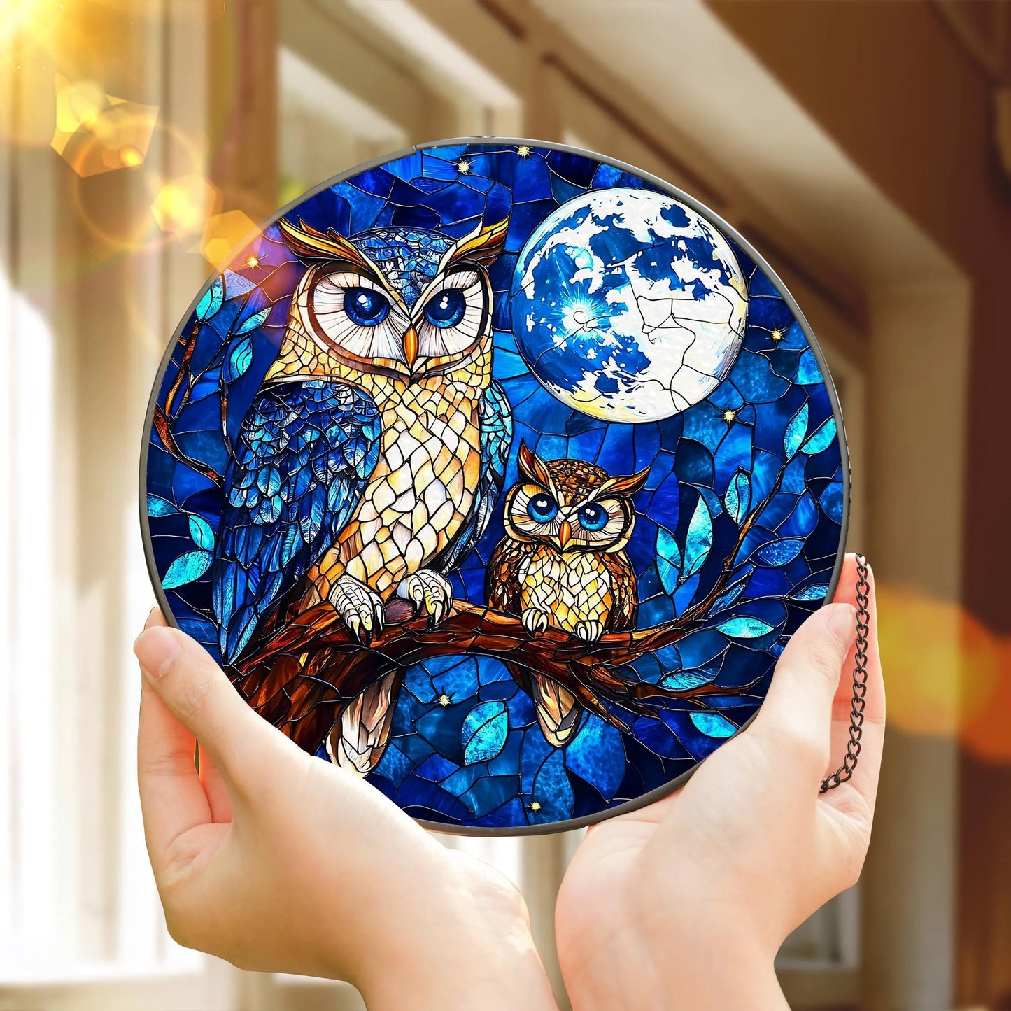 Owl Moon Stained Glass Suncatcher - Owl Window Hanging Suncatcher Ornament