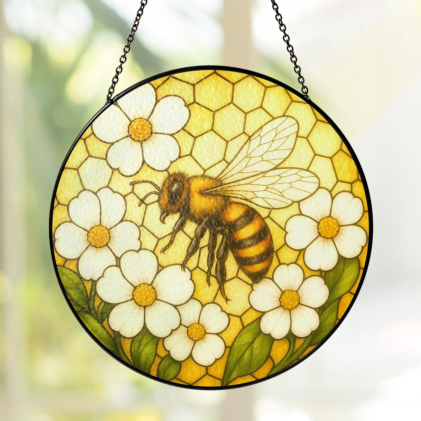 Bee and Flower Stained Glass - Window Hanging Suncatcher