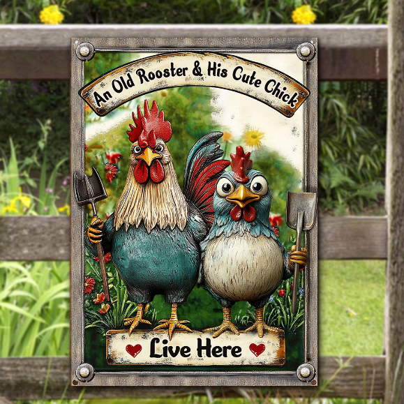 An Old Rooster & His Cute Chick Live Here - Personalized Chicken Rectangle Metal Sign
