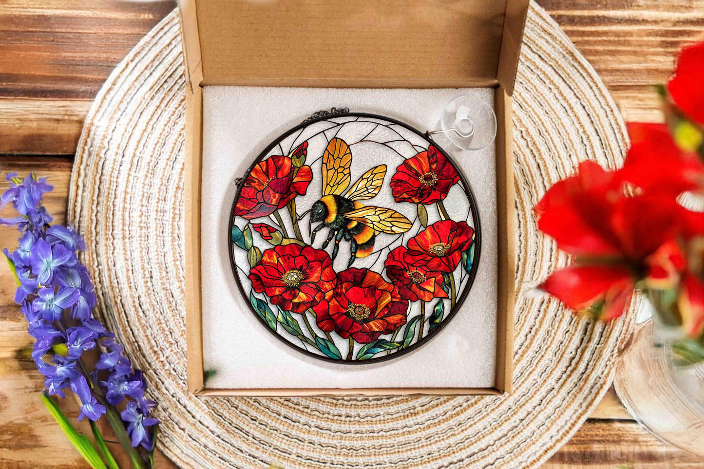 Bee And Flower Stained Glass - Window Hanging Suncatcher