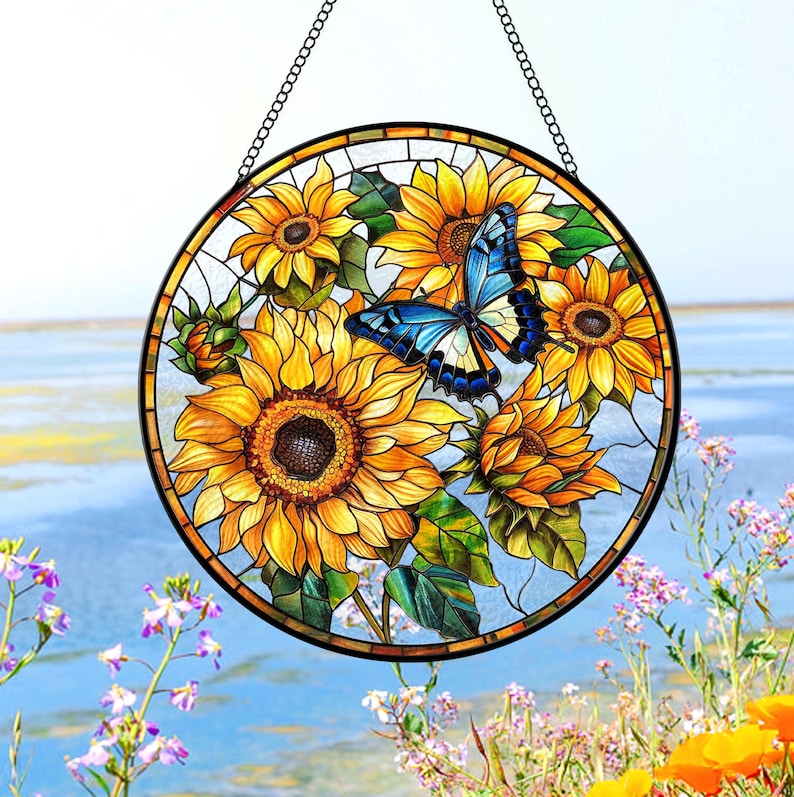 Sunflower And Butterfly Stained Glass Suncatcher