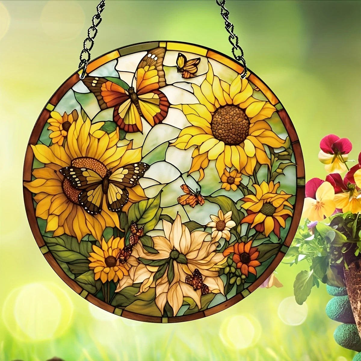 Sunflowers And Butterfly : Stained Glass Style Suncatcher