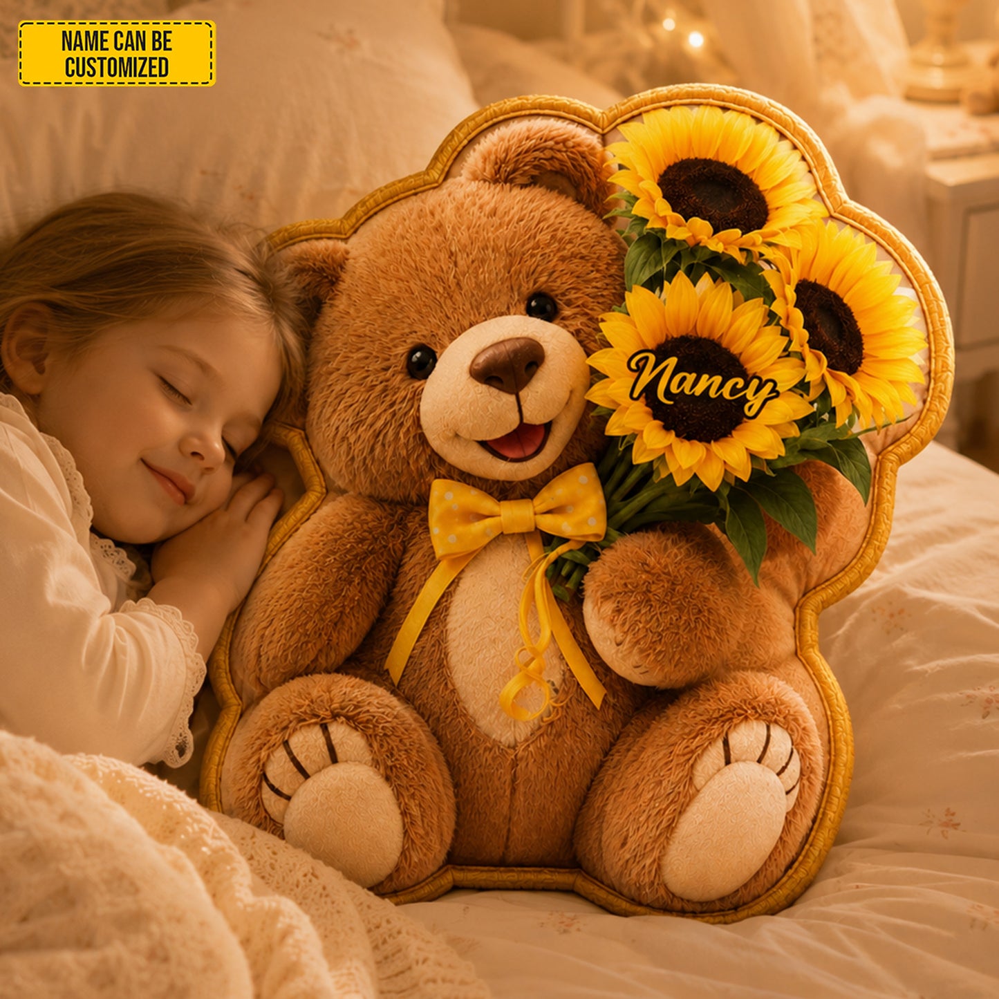 Personalized Bear with Sunflowers Custom Shaped Pillow
