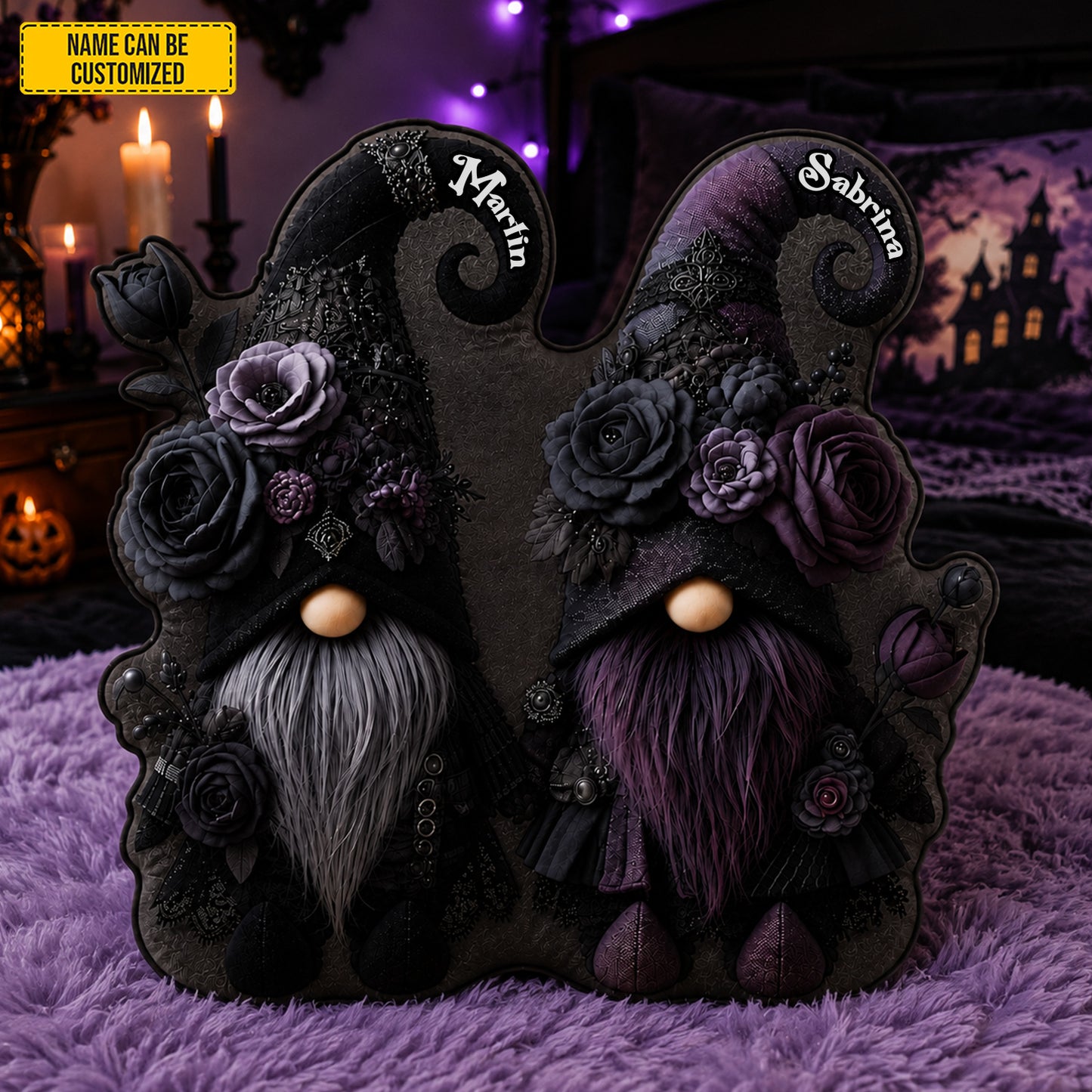 Personalized Gothic Witch Gnome Couple Pillow