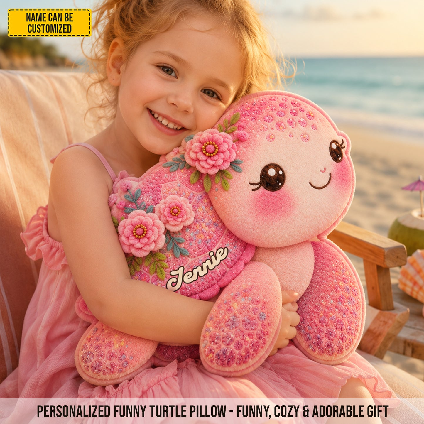 Blooming Turtle – Personalized Cute Pink Turtle Custom Shaped Pillow