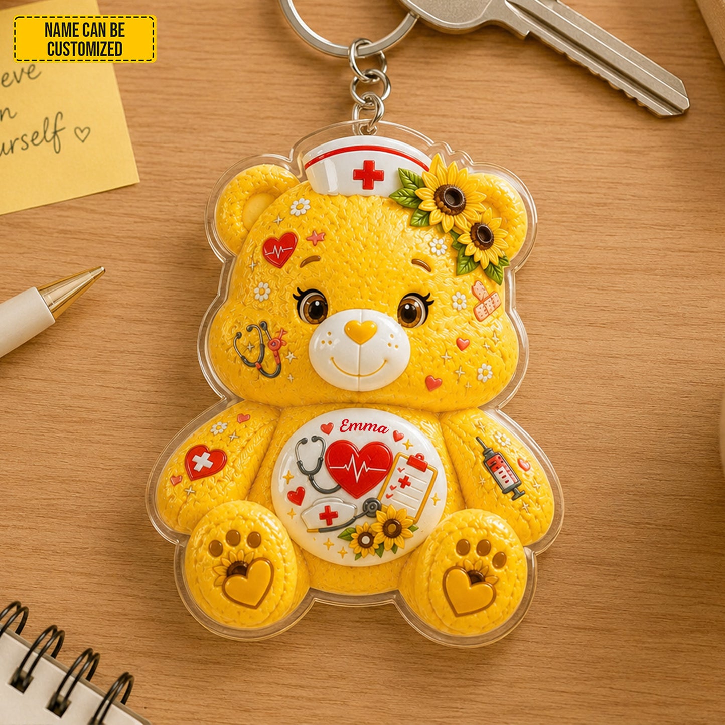 Personalized Nurse Bear Sunflower Charm Keychain