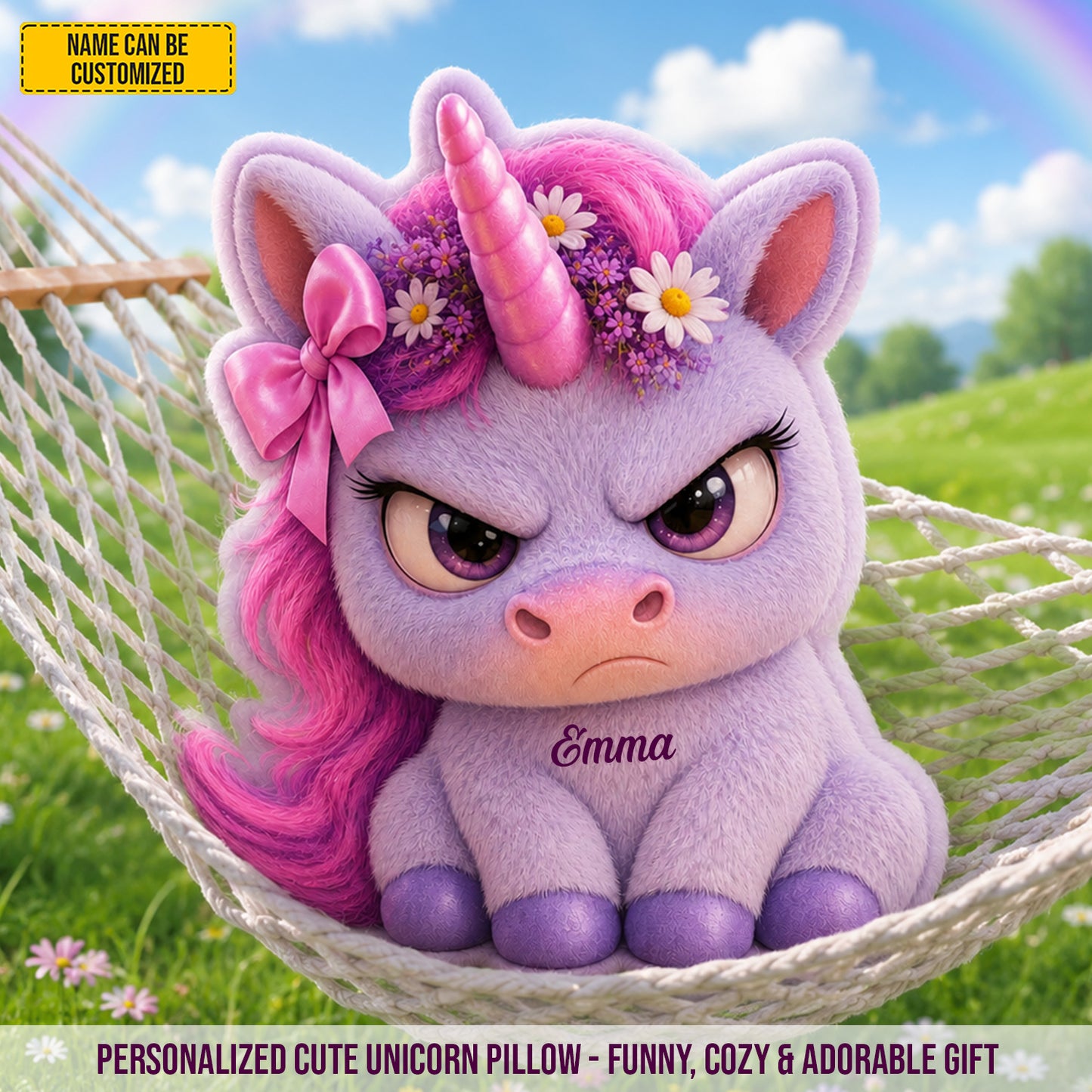 Miss Grumpy Sparkle – Personalized Angry Unicorn Custom Shaped Pillow