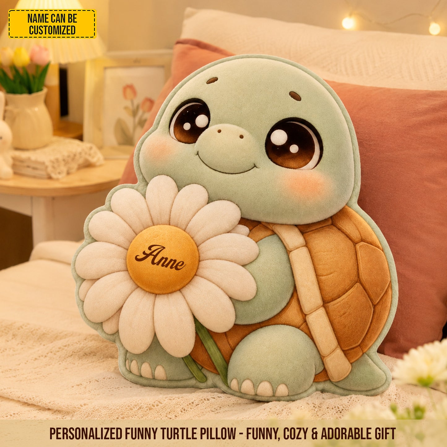 Daisy Dreams Turtle – Personalized Custom Shaped Pillow