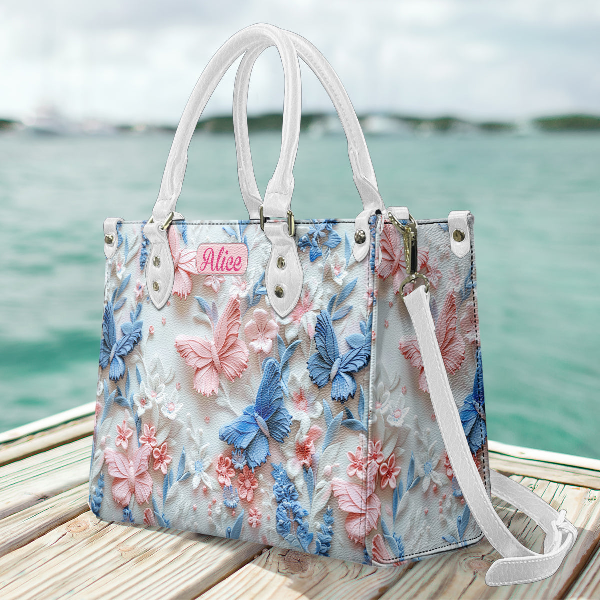 Pink And Blue Butterflies - Personalized Leather Handbag