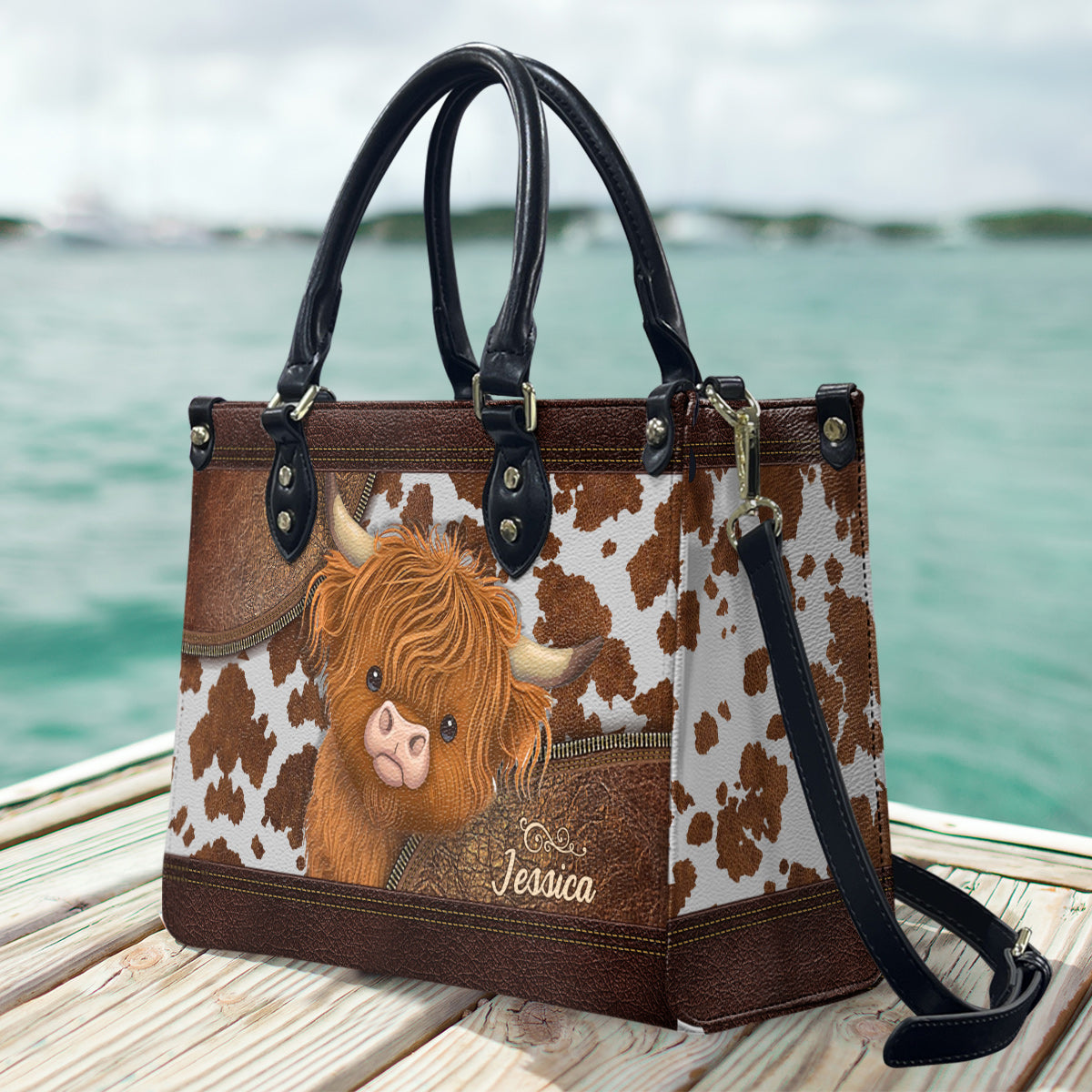 Cute Highland Cows - Personalized Leather Handbag