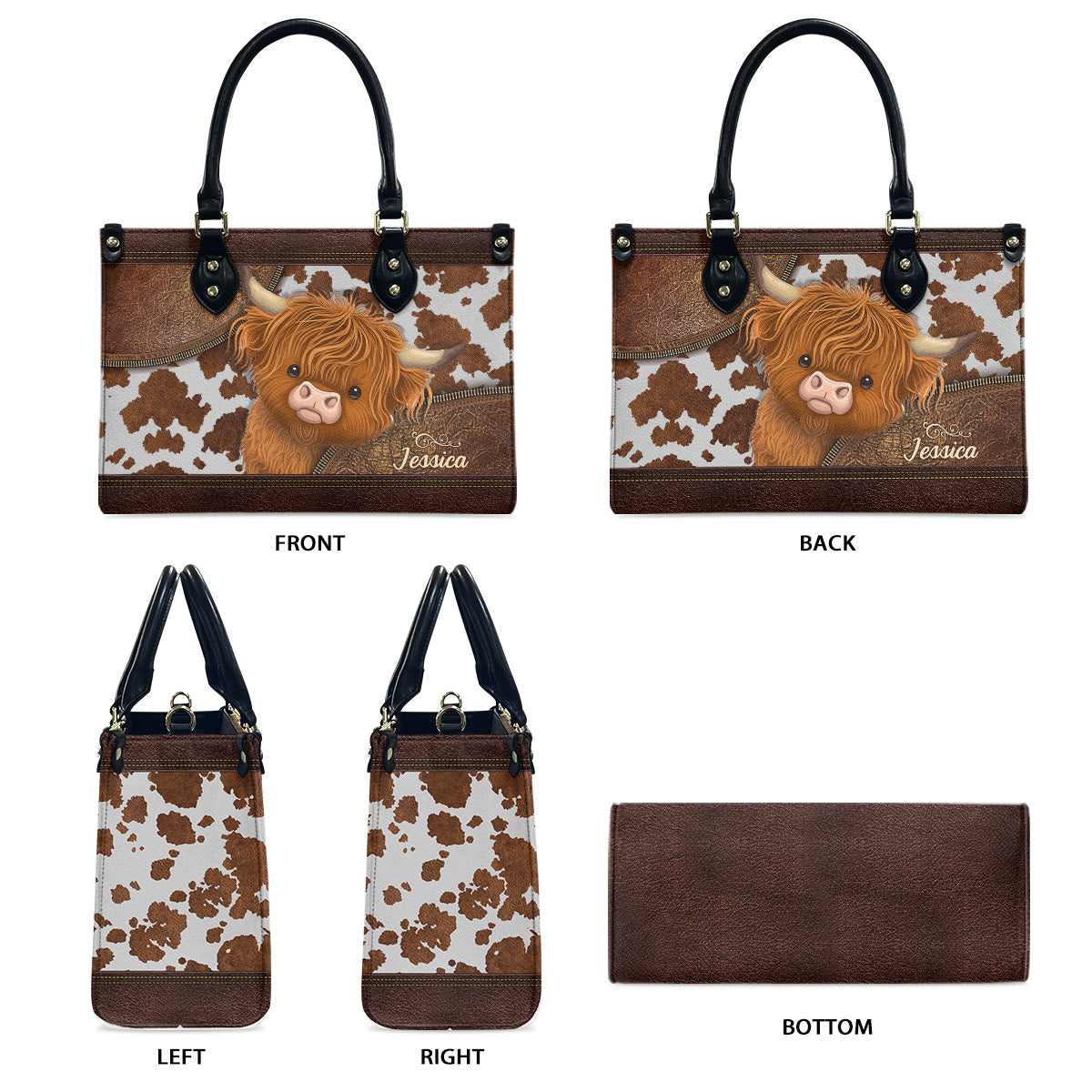 Cute Highland Cows - Personalized Leather Handbag