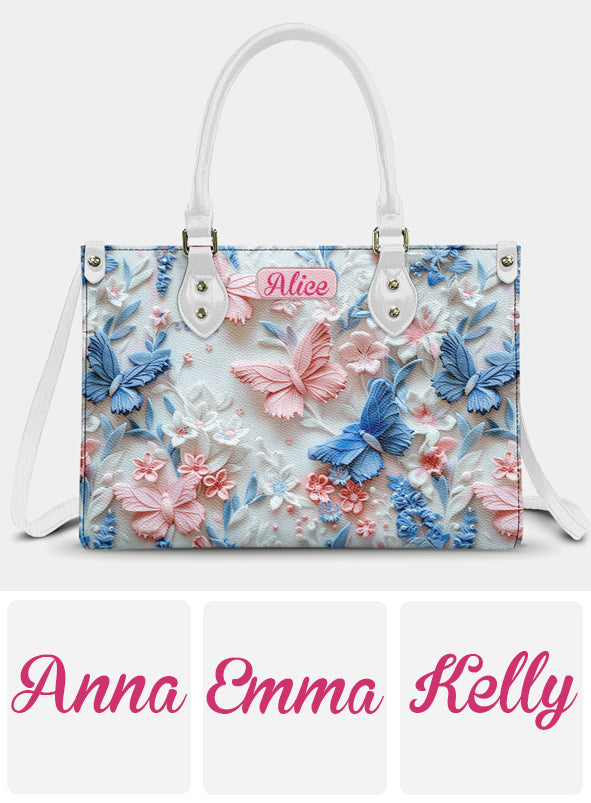 Pink And Blue Butterflies - Personalized Leather Handbag