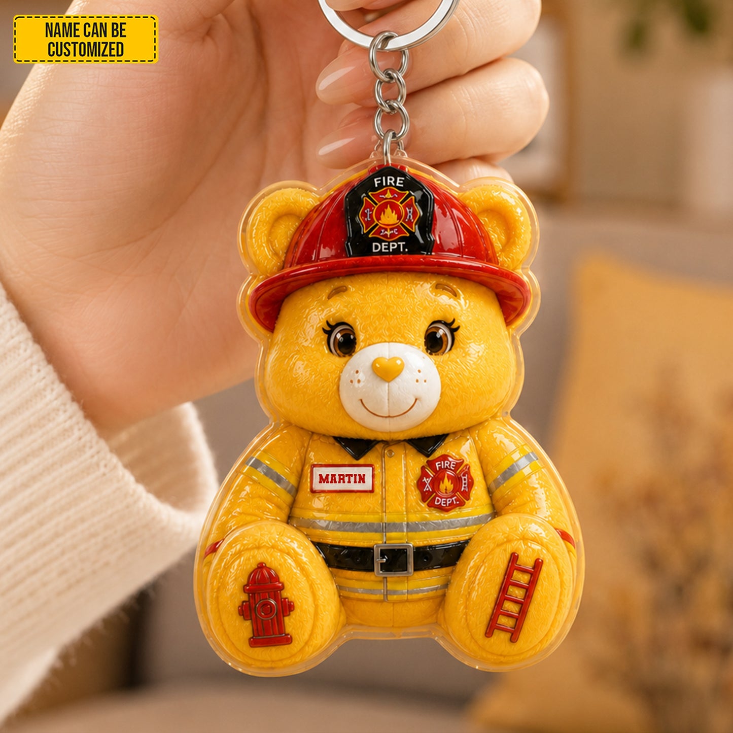 Personalized Firefighter Bear Sunflower Charm Keychain