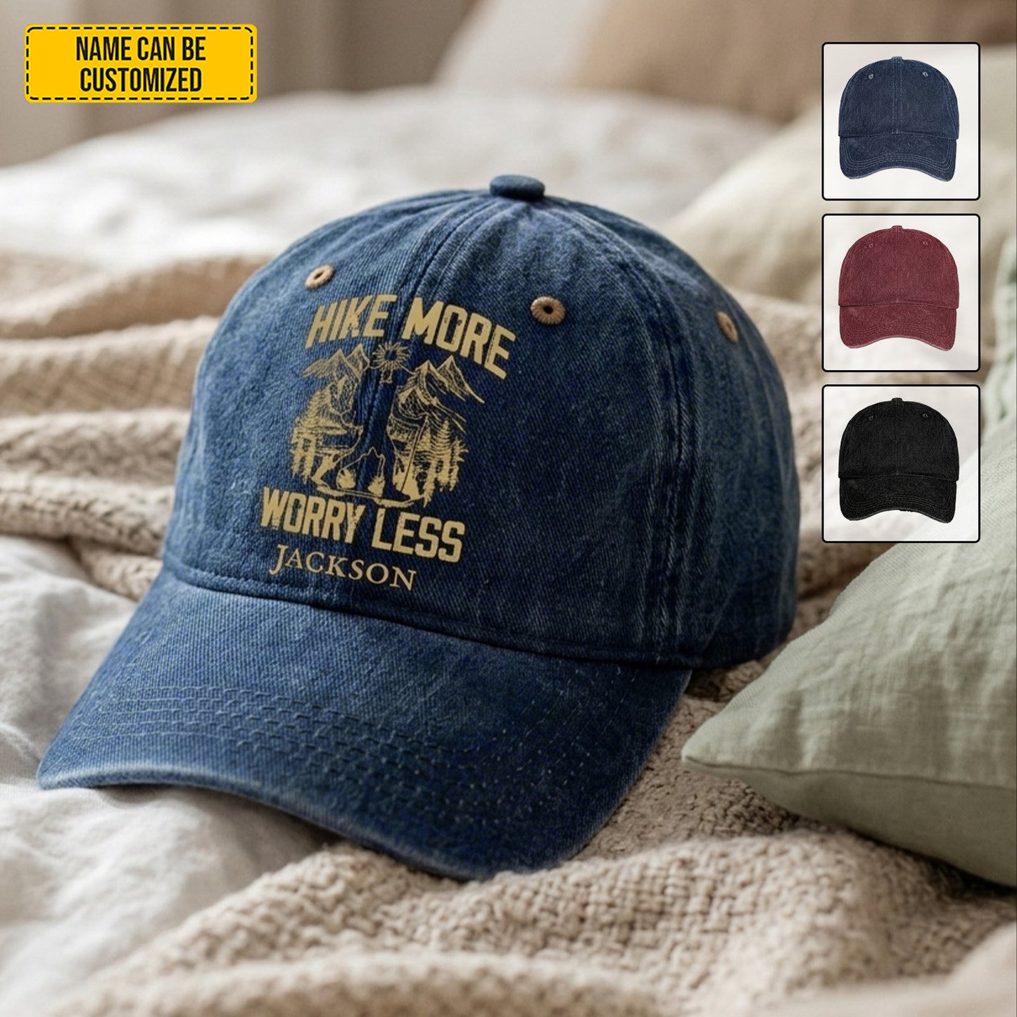 Hike More Worry Less - Personalized Vintage Denim Cap