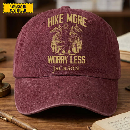 Hike More Worry Less - Personalized Vintage Denim Cap