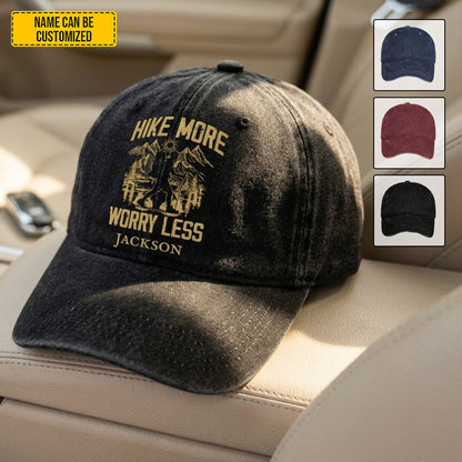 Hike More Worry Less - Personalized Vintage Denim Cap