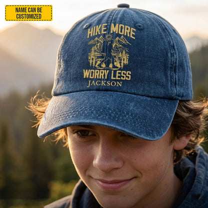 Hike More Worry Less - Personalized Vintage Denim Cap