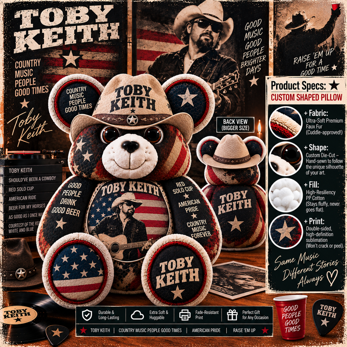Toby Keith Custom Shaped Bear Pillow – Country Music Inspired Gift for Fans