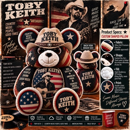 Toby Keith Custom Shaped Bear Pillow – Country Music Inspired Gift for Fans