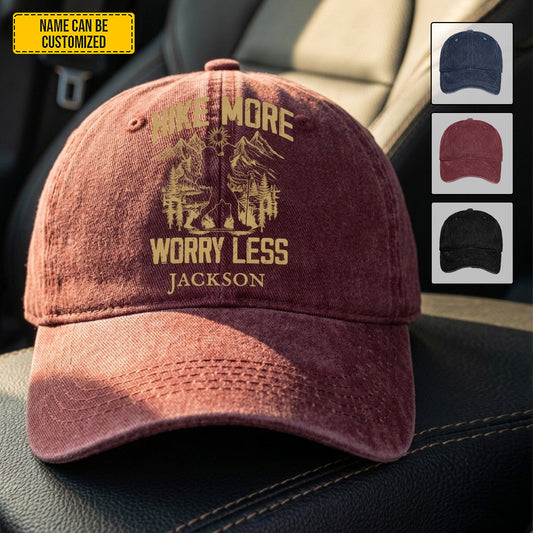 Hike More Worry Less - Personalized Vintage Denim Cap