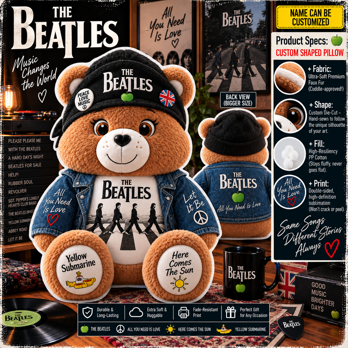 The Beatles Custom Shaped Bear Pillow – Abbey Road Inspired Gift for Beatles Fans