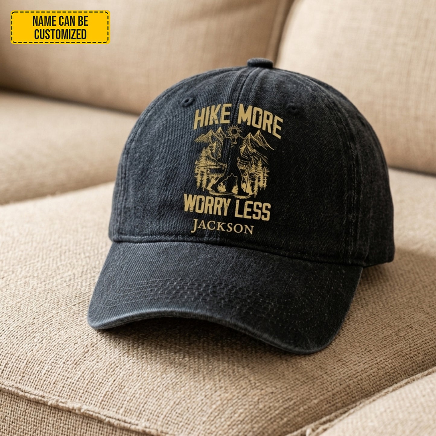 Hike More Worry Less - Personalized Vintage Denim Cap