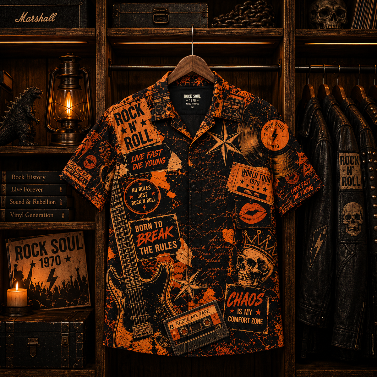 Vintage Rock Soul 1970 Hawaiian Shirt – Rock N Roll Guitar Retro Music Shirt, Rebel Style Short Sleeve, Classic Rock Fan Gift