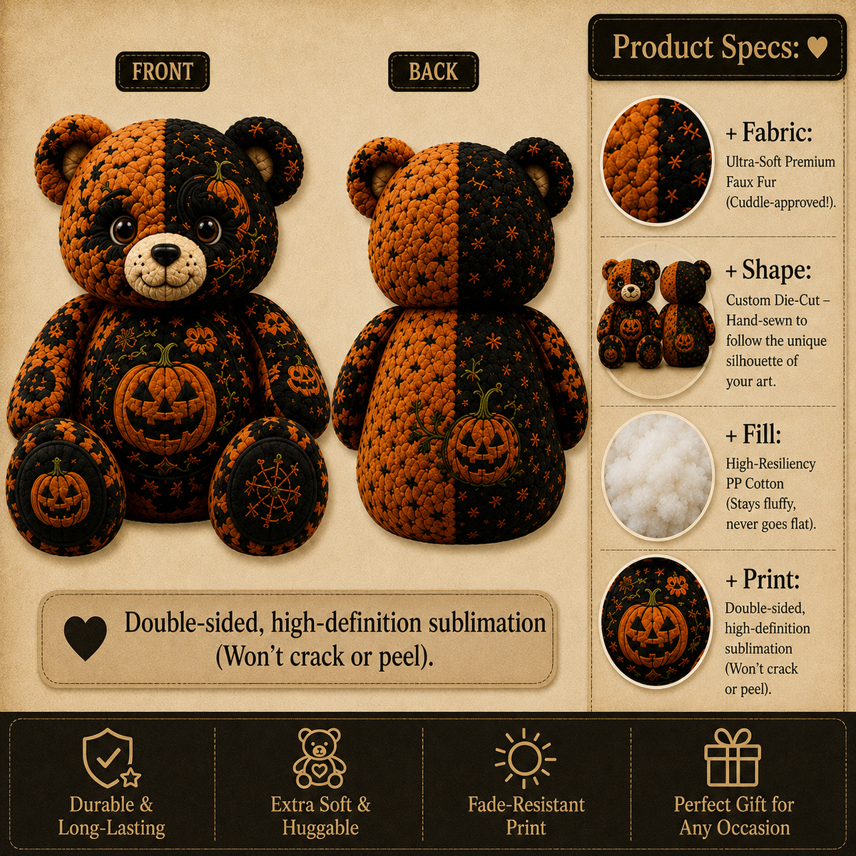 Trick or Treat Pumpkin Bear Custom Shaped Pillow – Cute Spooky Halloween Gift for Pumpkin & Halloween Lovers