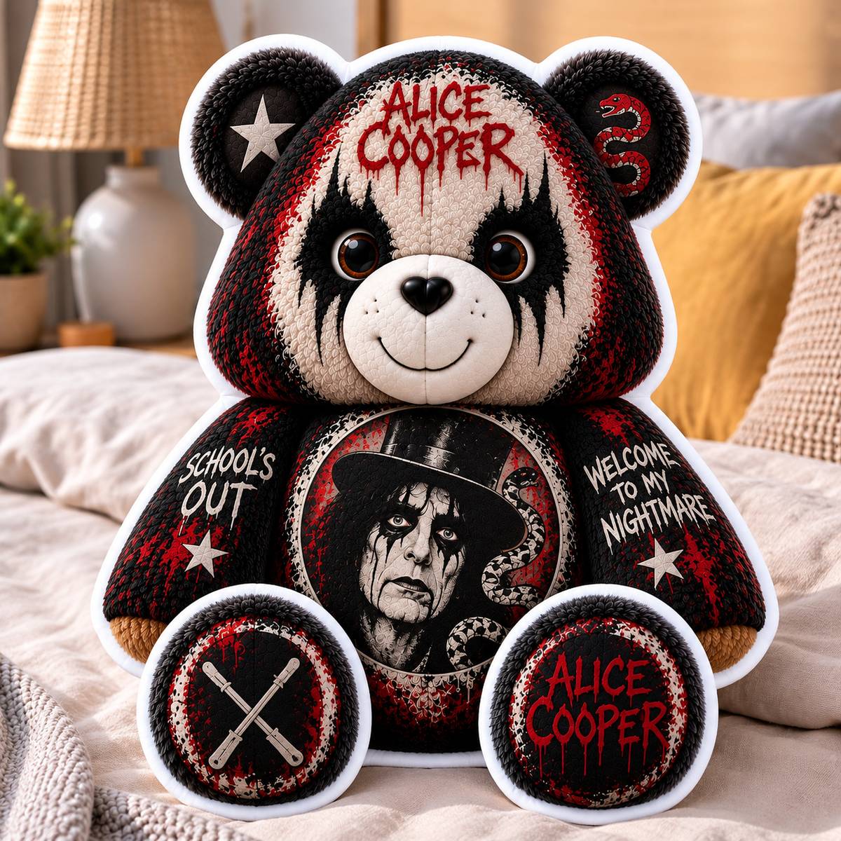 Alice Cooper Custom Shaped Bear Pillow – Shock Rock Music Inspired Gift for Alice Cooper Fans