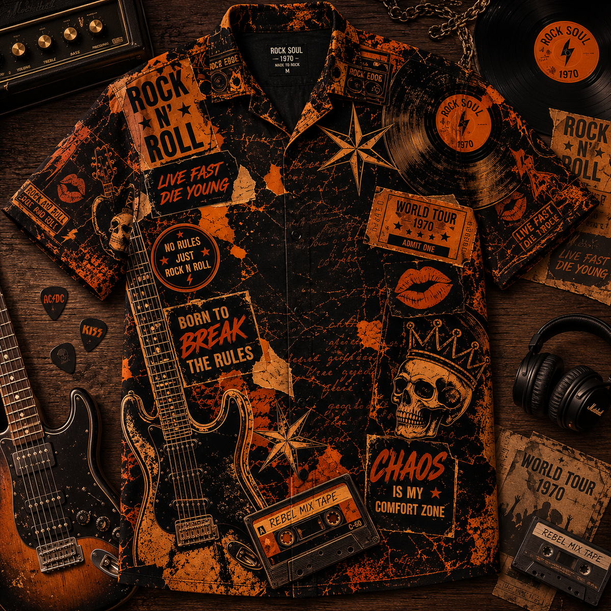 Vintage Rock Soul 1970 Hawaiian Shirt – Rock N Roll Guitar Retro Music Shirt, Rebel Style Short Sleeve, Classic Rock Fan Gift
