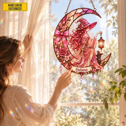 Personalized Cancer Awareness Witch Suncatcher – Custom Name Pink Ribbon Gift
