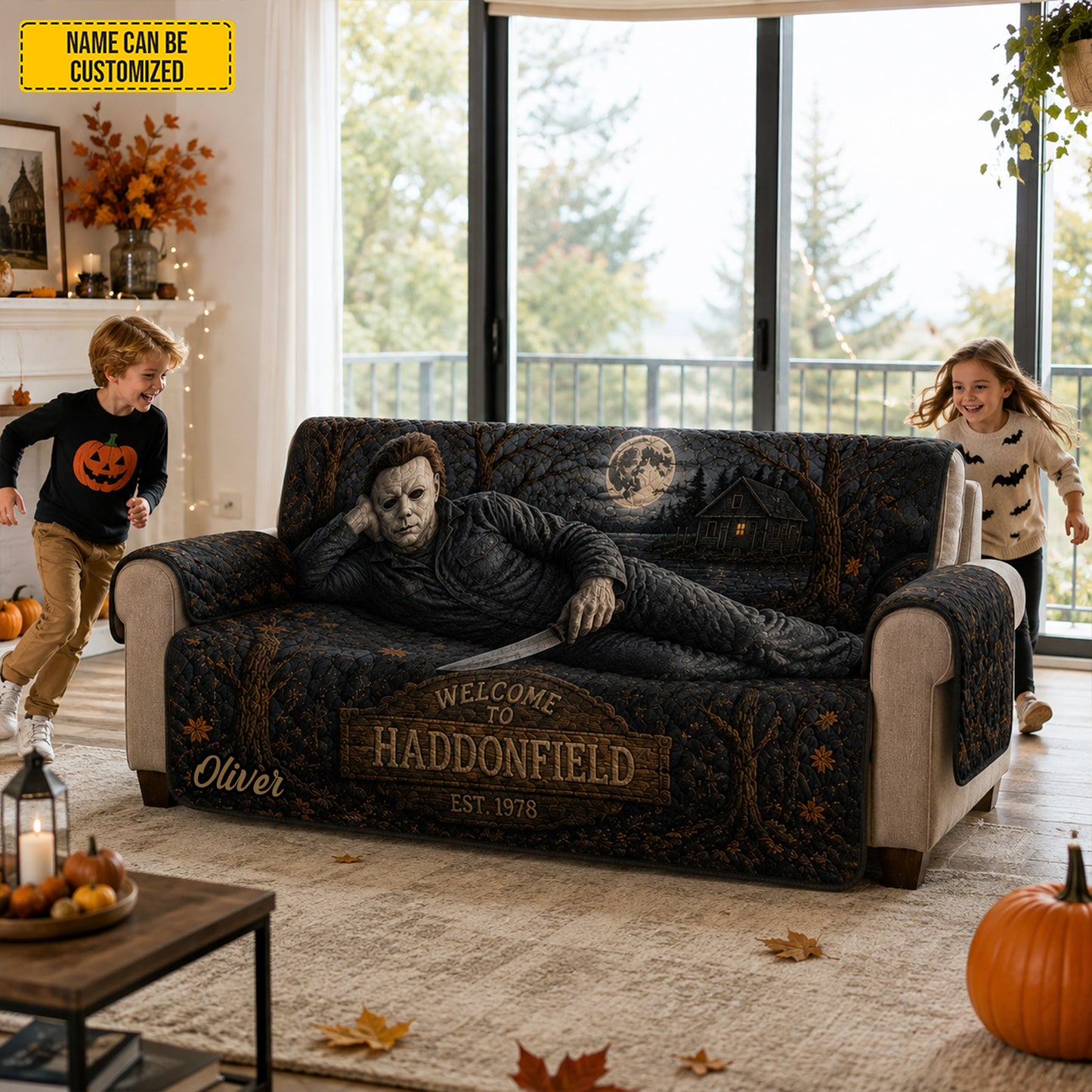 Personalized Halloween Night Horror Couch Cover – Halloween Horror Quilted Sofa Cover